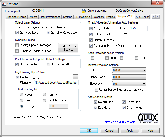 Sincpac-C3D OPTIONS tab