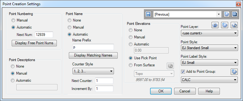 PointCreationSettings Dialog box