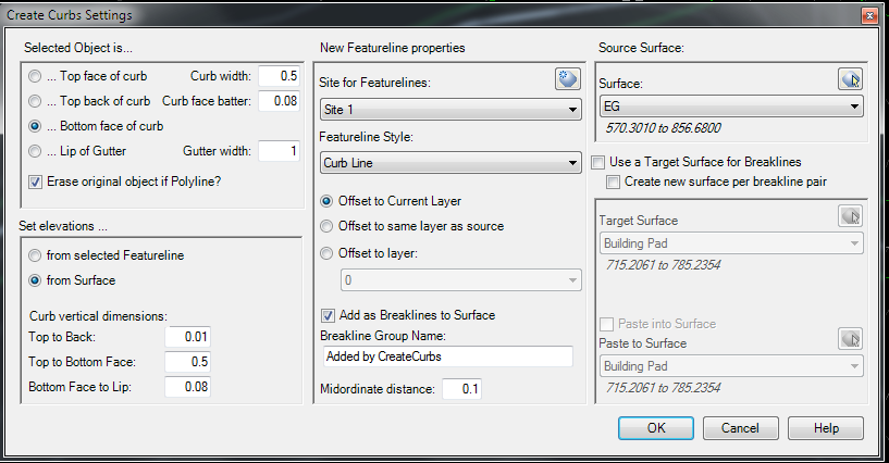 CreateCurbs settings dialog