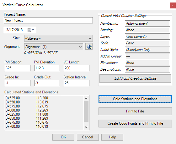 SPVerticalCurveCalculator dialog